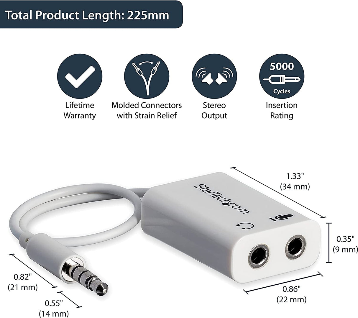 StarTech.com 4 Position Microphone and Headphone Splitter – 3.5 mm – 4 Pin / 4 Pole – Mic and Audio Combo Splitter Cable (MUYHSMFFADW), White
