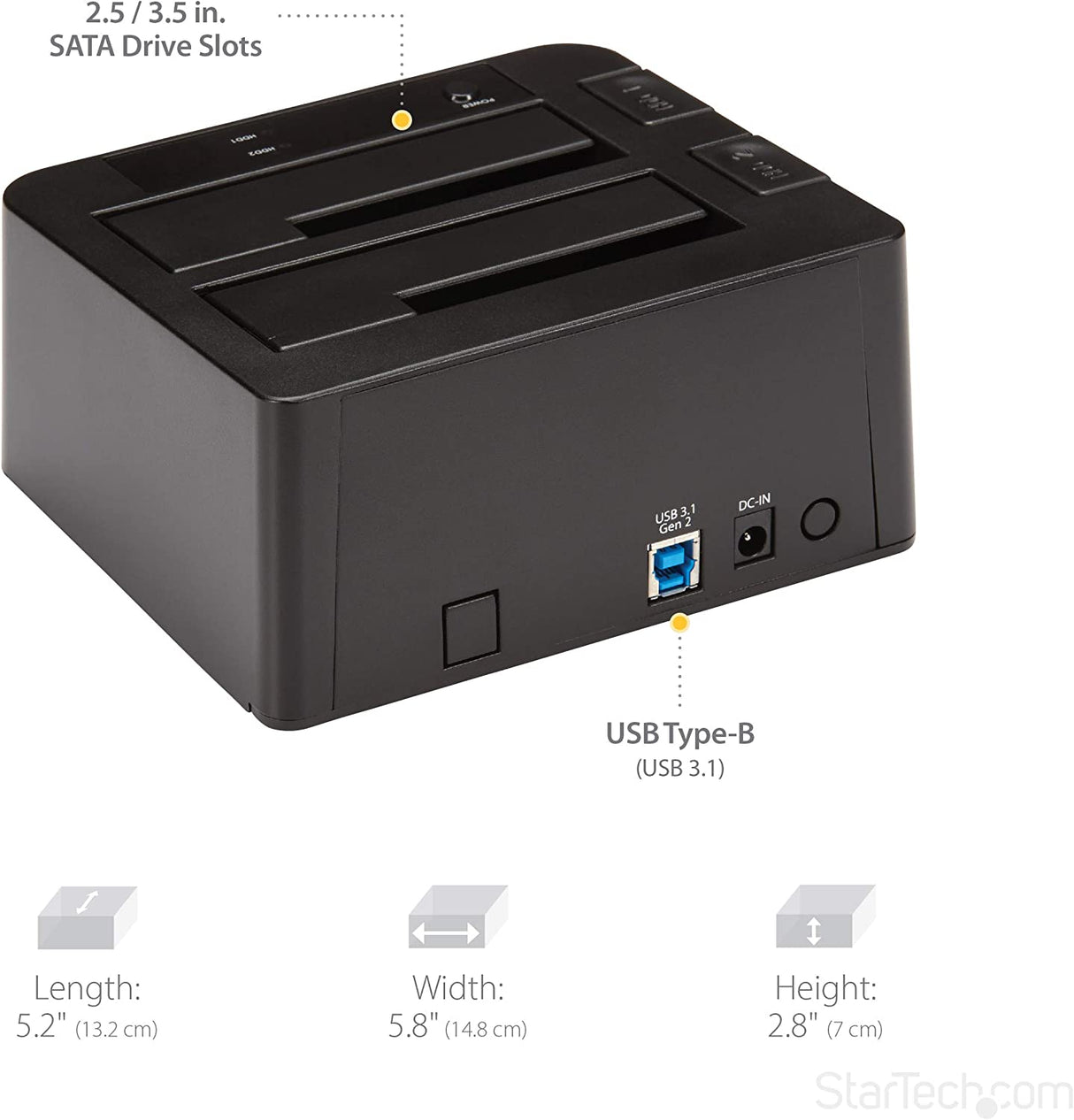 StarTech.com Dual-Bay USB 3.1 to SATA Hard Drive Docking Station, USB 3.1 (10 Gbps), External 2.5/3.5" SATA I/II/III, SSD/HDD Docking Station, Hot-Swap Hard Drive Bay, Top-Loading (SDOCK2U313)