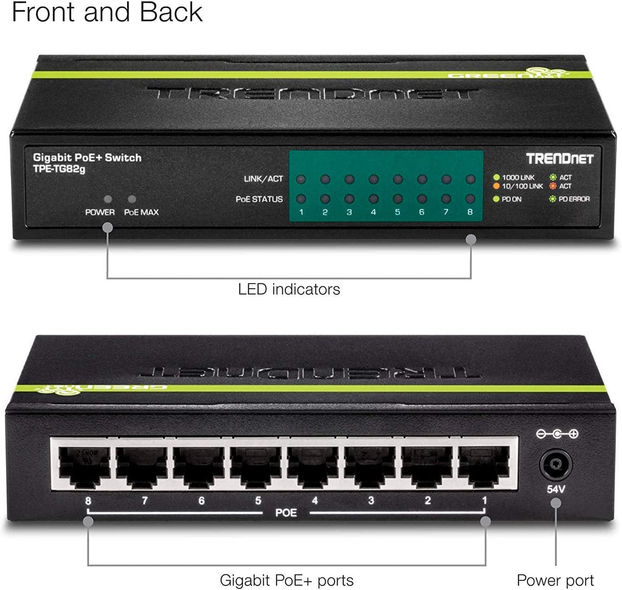 TRENDnet 8-Port GREENnet Gigabit PoE+ Switch, Supports PoE and PoE+ Devices, 61W PoE Budget, 16Gbps Switching Capacity, Data & Power Via Ethernet to PoE Access Points & IP Cameras, Black, TPE-TG82G 61W 8-Port
