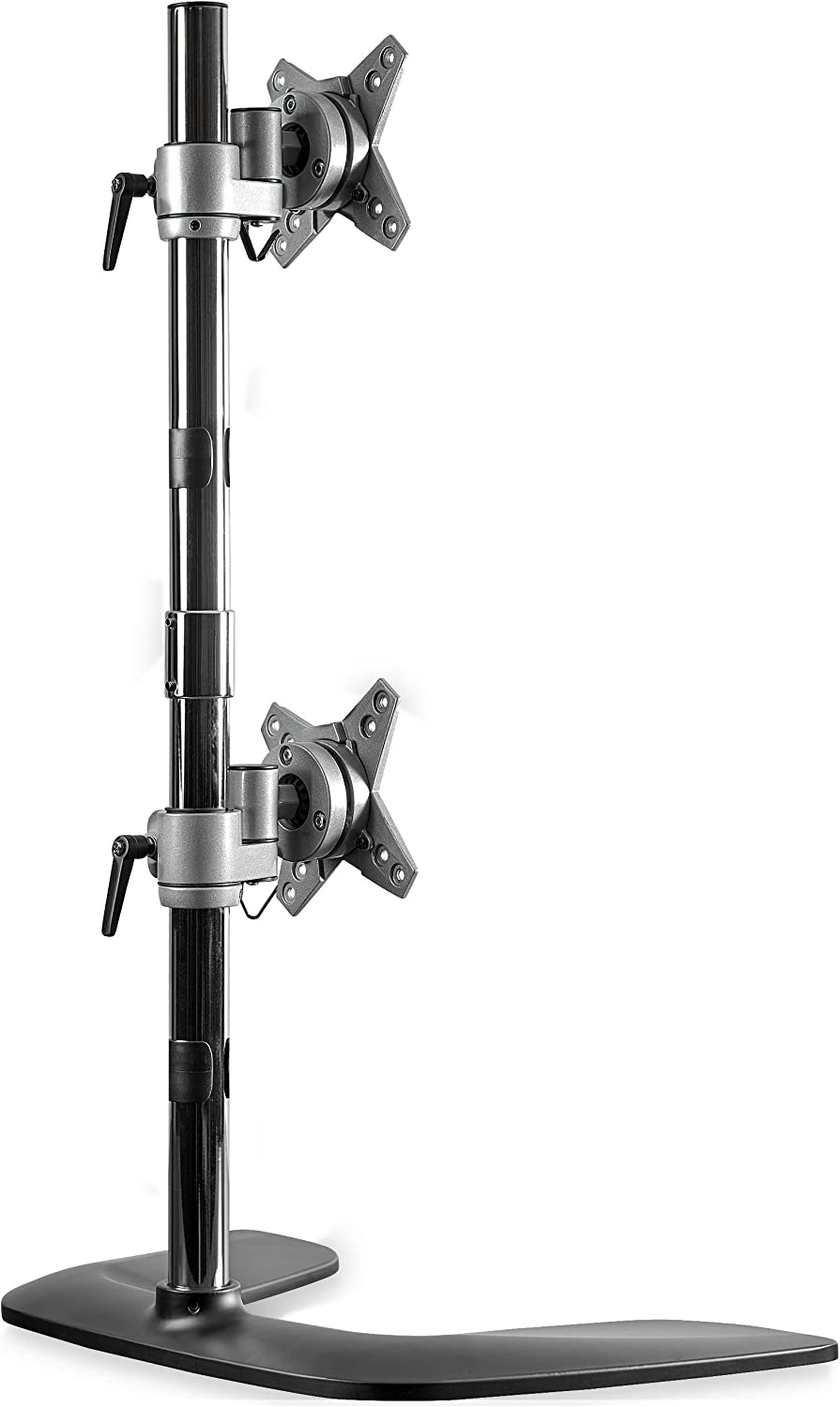 StarTech.com Vertical Dual Monitor Stand - Ergonomic Desktop Stacked Two Monitor Stand up to 27" VESA Mount Displays - Free Standing Universal Monitor Mount - Height Adjustable - Silver (ARMDUOVS) Black & Silver Stand