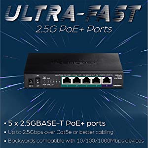 TRENDnet 5-Port Unmanaged 2.5G PoE+ Switch, Fanless, Compact Desktop Design, Metal Housing, 2.5GBASE-T Ports, IEEE 802.3bz, 55W PoE Budget, Black, TPE-TG350