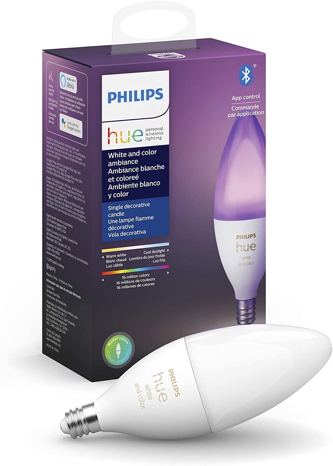 Philips Hue White & Color E12 LED Candle Light Bulb, Bluetooth & Zigbee Compatible (Hue Hub Optional), Works with Alexa & Google Assistant 1 Count (Pack of 1) White and Color Ambiance (16 Million Colors)