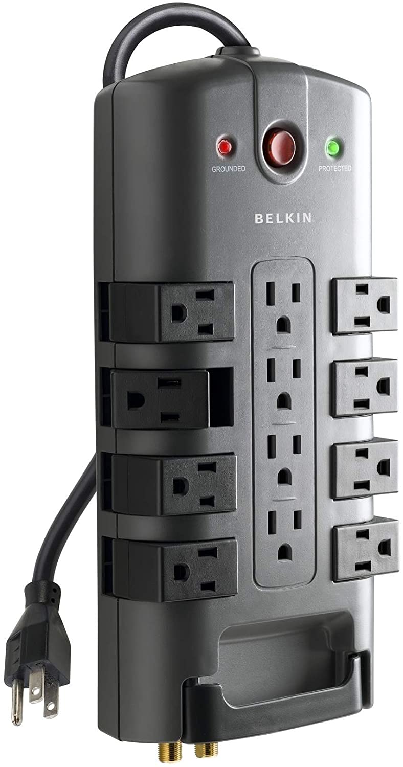 Belkin Surge Power Strip Protector - 8 Rotating & 4 Stationary AC Multiple Outlets - 8 ft Long Heavy Duty Extension Cord Flat Pivot Plug for Home, Office, Travel, Desktop & Charging Brick, 4320 Joules Phone Protection Power Strip 12-Outlet