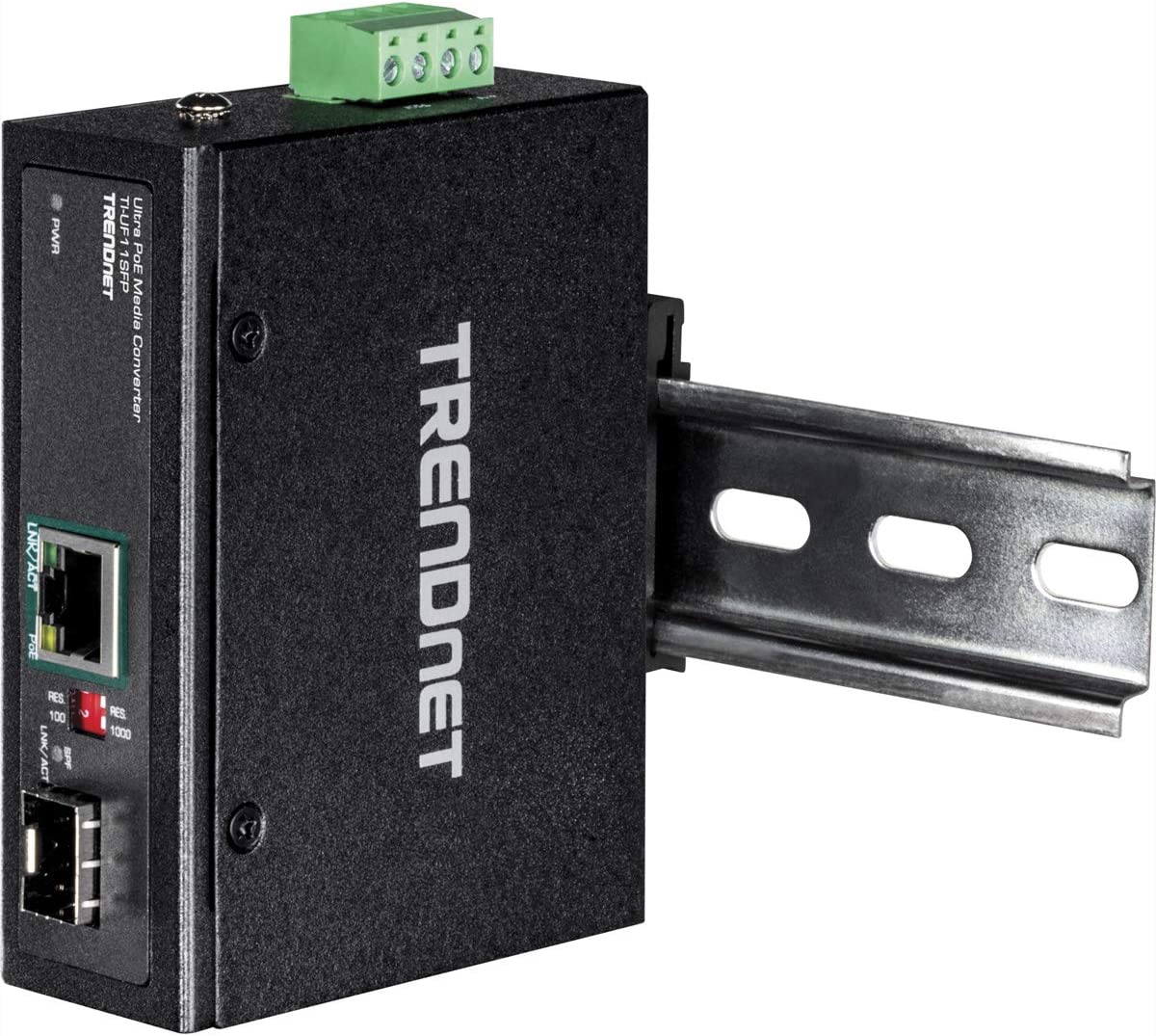 TRENDnet Hardened Industrial SFP to Gigabit UPoE Media Converter, IP30 Rated Housing, Includes DIN-Rail & Wall Mounts, Operating Temp. -40 to 75 °C (-40 to 167 °F), TI-UF11SFP, Black