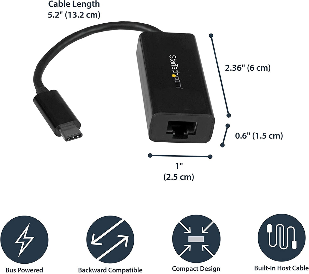 StarTech.com USB 3.1 Type C to Gigabit Ethernet Adapter – 10/100/1000 – Thunderbolt 3 Compatible – Windows and Mac – RJ45 LAN Network Converter (US1GC30B) Black Ethernet