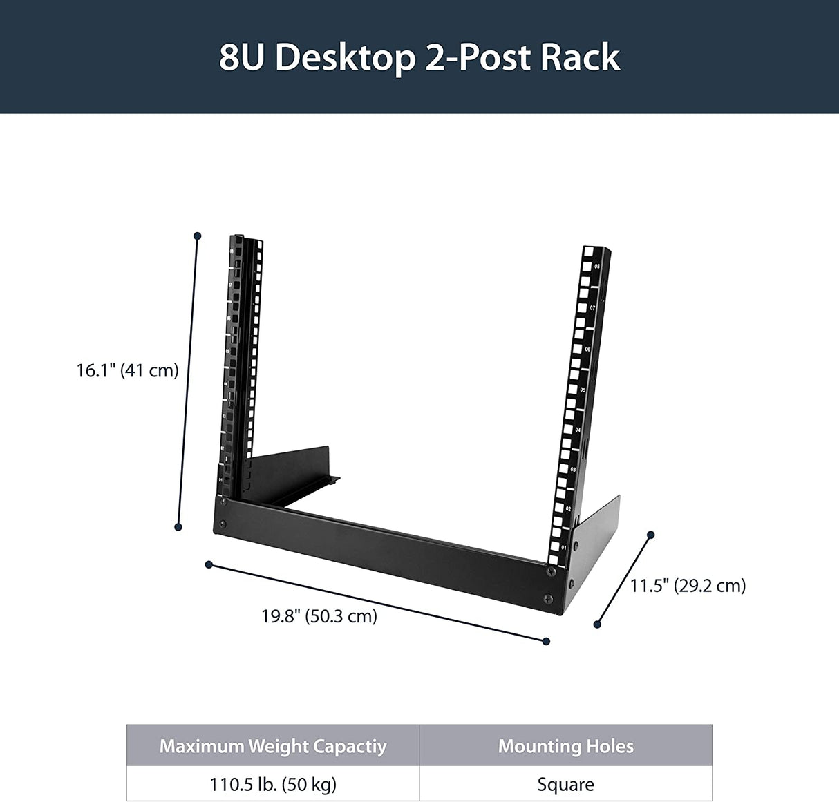 StarTech.com 8U Open Frame Network Rack - 19" 2 Post Free Standing Desktop Rack for Computer, AV, Media, IT, Data & Server Room Equipment (RK8OD) 16.10"/408.94mmx19.80"/502.92mmx11.50"/292.10mm