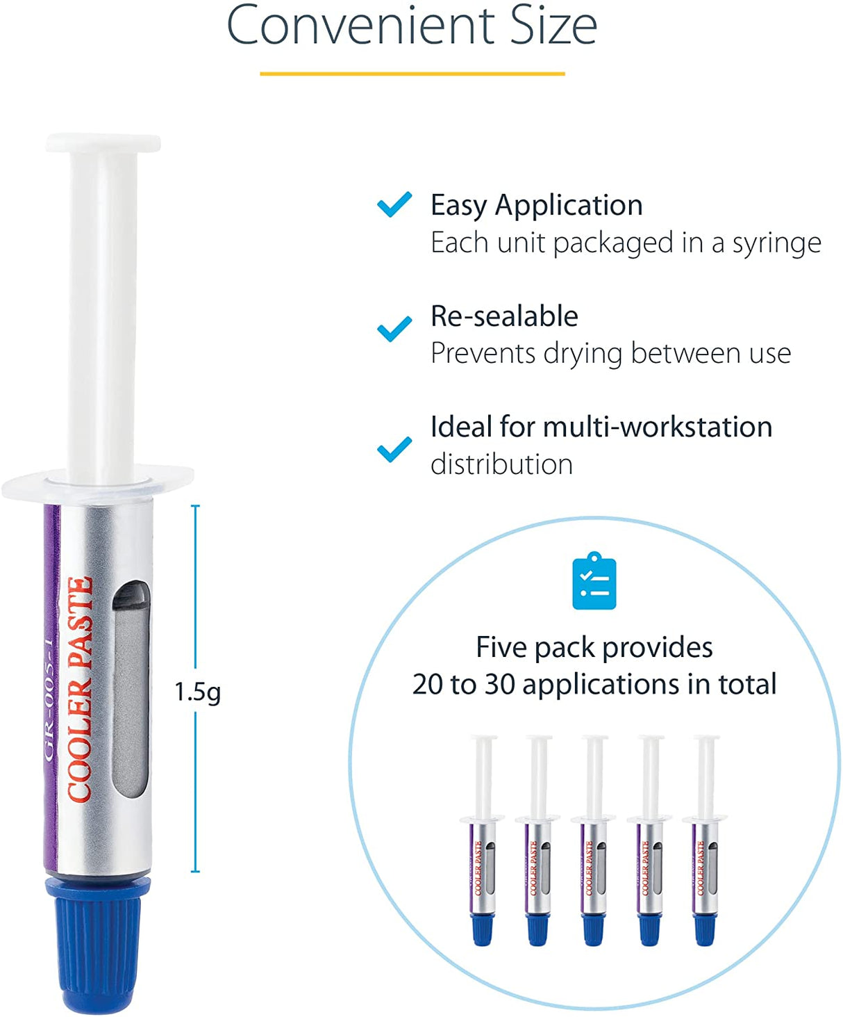 StarTech.com Thermal Paste, High Performance Thermal Paste, Pack of 5 Re-sealable Syringes (1.5g / Each), Metal Oxide Heat Sink Compound, CPU/GPU Thermal Grease Paste, RoHS/CE (SILV5-THERMAL-PASTE)