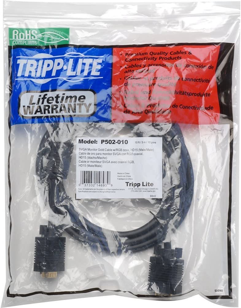 Tripp Lite VGA Coax Monitor Cable, High Resolution cable with RGB coax (HD15 M/M) 10-ft.(P502-010) 10-feet