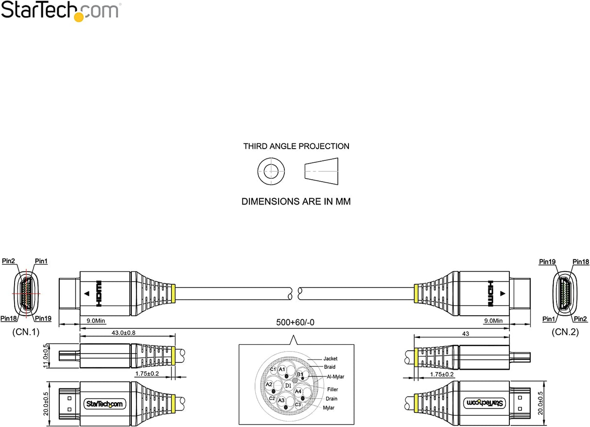 StarTech.com 20in (50cm) HDMI 2.1 Cable 8K - Certified Ultra High Speed HDMI Cable 48Gbps - 8K 60Hz/4K 120Hz HDR10+ eARC - Ultra HD 8K HDMI Cord - Monitor/TV/Display - TPE Jacket (HDMM21V50CM)
