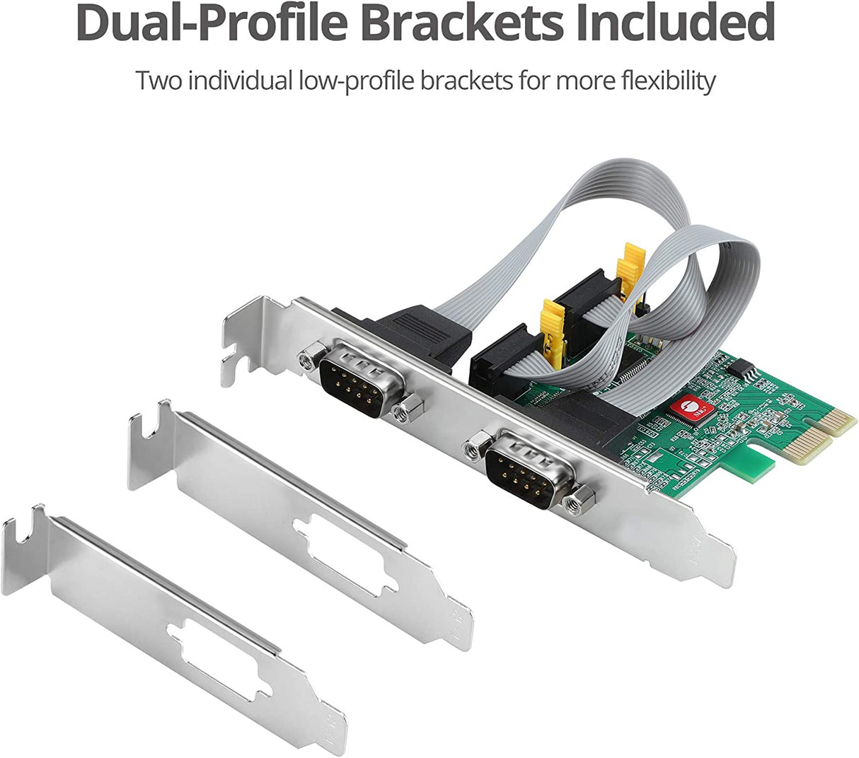 SIIG Dual Serial PCIe Card Adapter, 16650 UART, Baud Rates up to 250Kbps, PCIe 2.0 x1 to 2X RS-232 Male 9-pin DB9, RS-232 5V or 12V Power, ASIX AX99100 Chipset, Dual-Profile Brackets (JJ-E20711-S1)