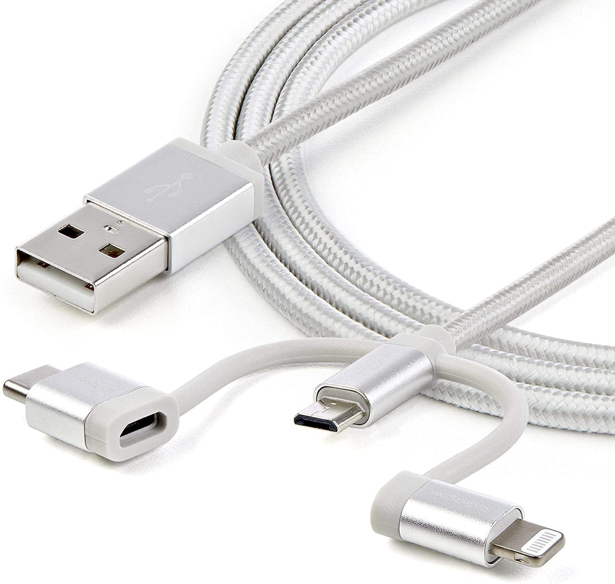StarTech.com USB Multi Charging Cable - 3.3 ft / 1m - Lightning / USB-C / Micro-USB - Braided - MFi Certified - USB 2.0 - 3 in 1 Charging (LTCUB1MGR) Silver 3.3 ft. / 1 m