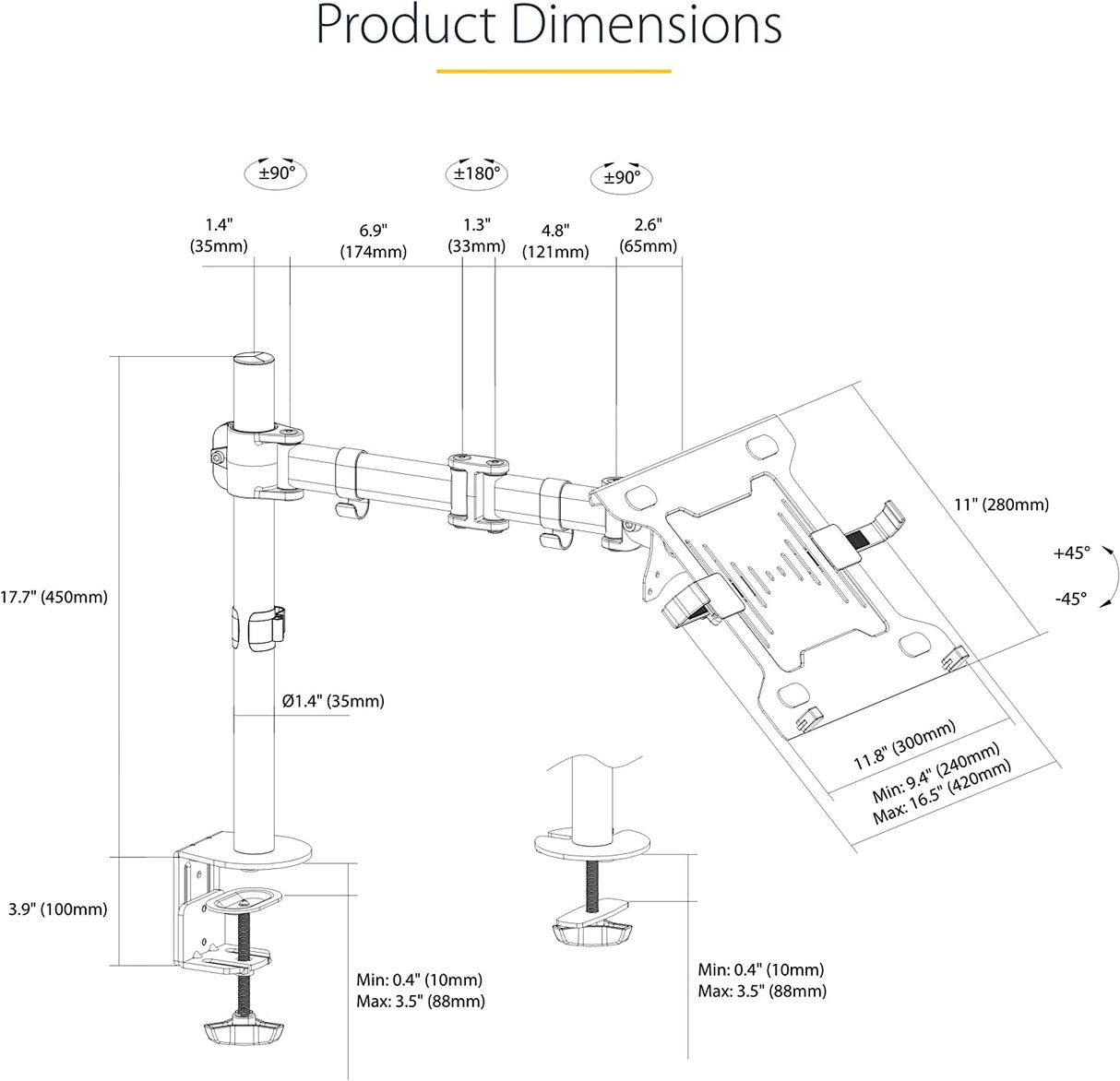 StarTech.com Laptop Desk Mount - Monitor and Laptop Mount - Displays up to 34in (8kg/17.6lb) & Laptops (4.5kg/9.9lb) - Articulating VESA Laptop Tray Arm - Clamp / Grommet Mount (A-Laptop-Desk-Mount) Black Dual Joint Arm - Monitor or Laptop