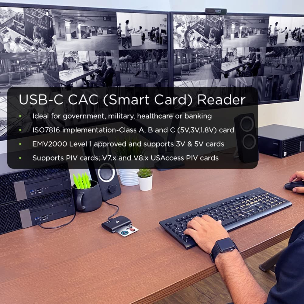 IOGEAR USB-C Common Access CAC Smart Card Reader - DOD - Government - Healthcare - TAA Compliant - Support for V7.x n V8. USAccess Personal Identity Verification (PIV) - Mac OS - Win - Linux- GSR205