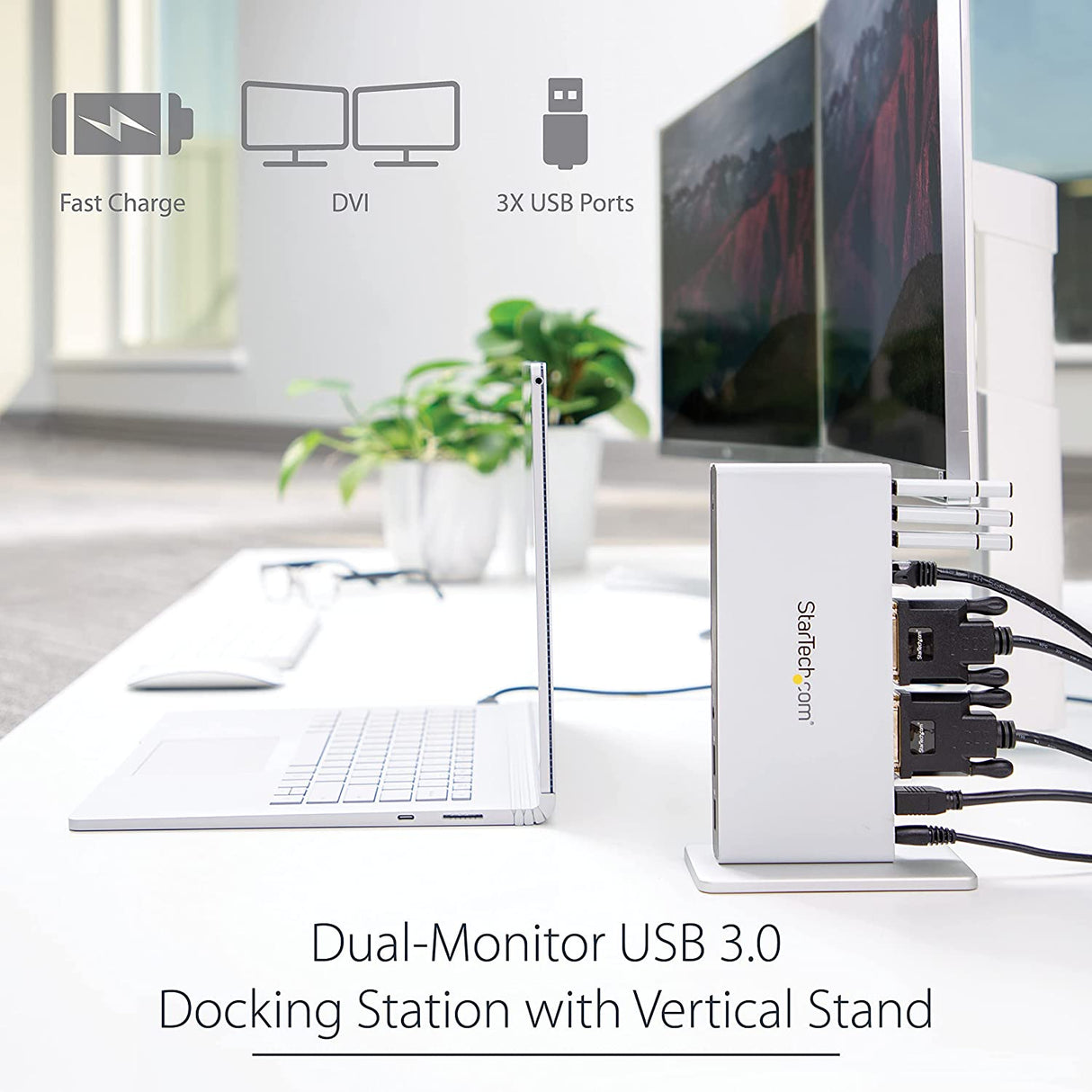 StarTech.com Dual Monitor USB 3.0 Docking Station w/ DVI to VGA & HDMI Adapters, 5x USB 3.0 & Audio - Vertical DVI Dock for Mac & Windows (USB3SDOCKDD) 2 x monitor|5 x USB-A 3.0|vertical