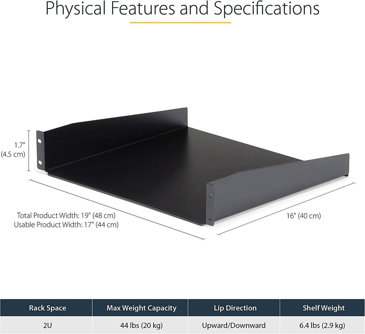 StarTech.com 2U Server Rack Shelf - Universal Rack Mount Cantilever Shelf for 19" Network Equipment Rack & Cabinet - Heavy Duty Steel – Weight Capacity 44lb/20kg - 16" Deep Tray, Black (CABSHELF) 16" Depth 2U
