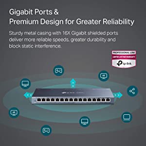 TP-Link 16 Port Gigabit Ethernet Network Switch, Desktop and Wall-Mount, Fanless, Sturdy Metal with Shielded Ports, Traffic Optimization, Unmanaged, Limited Lifetime Protection (TL-SG116)