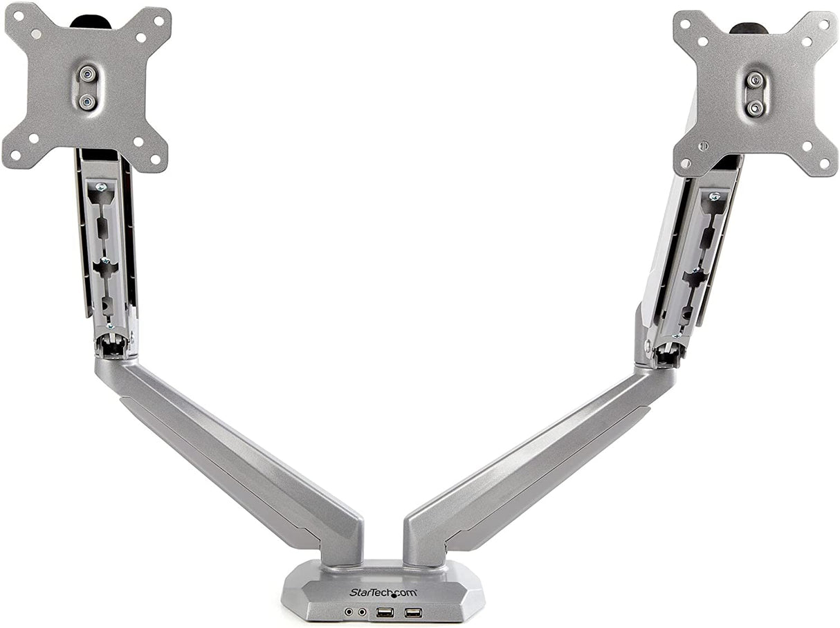 StarTech.com Desk Mount Dual Monitor Arm with USB & Audio - Desk Clamp VESA Mount for up to 32 inch Displays - 2X USB, 2X 3.5mm Audio - Ergonomic Full Motion Dual Monitor Arm - Silver (ARMSLIMDUOS)