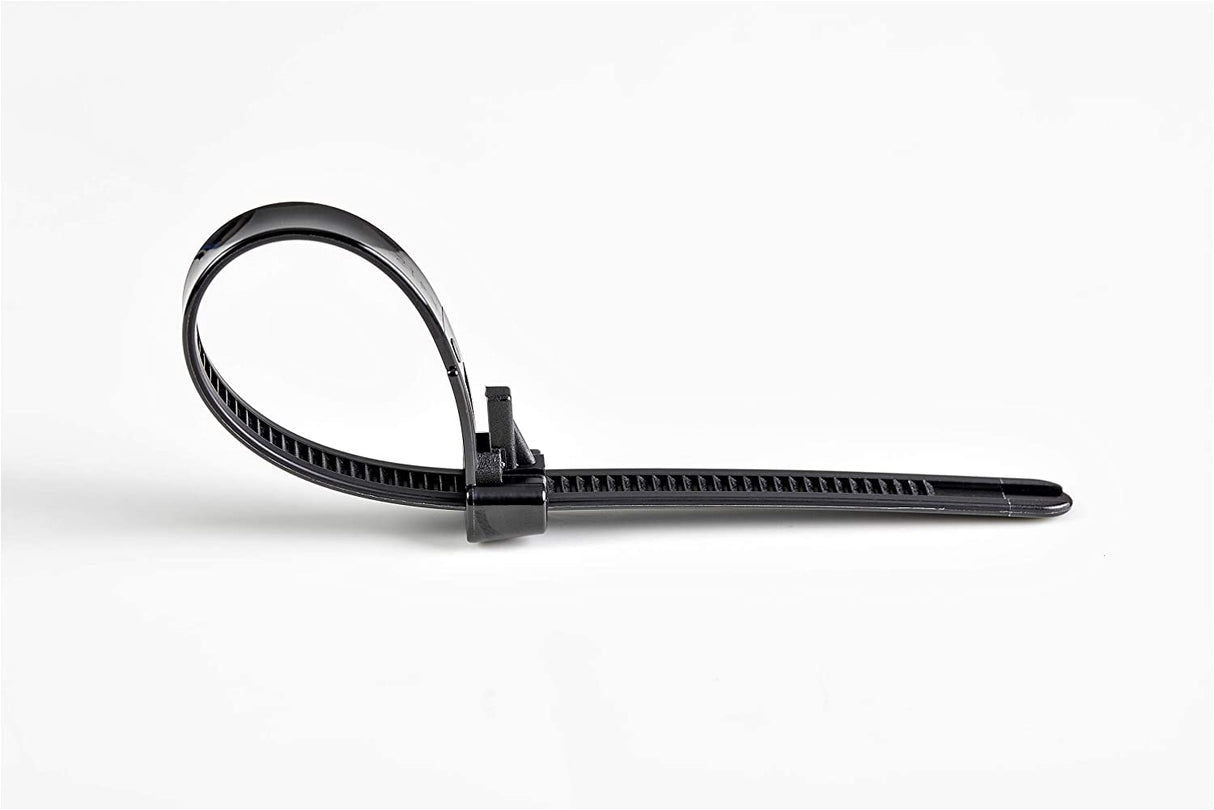 StarTech.com 10"(25cm) Reusable Cable Ties - 1/4"(7mm) wide, 2-1/2"(65mm) Bundle Dia. 50lb(22kg) Tensile Strength, Releasable Nylon Ties, Indoor/Outdoor, 94V-2/UL Listed, 100 Pack - Black(CBMZTRB10BK) Black 10 in | 50 lbs (22kg) Reusable 100