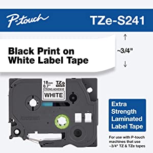 Brother Genuine P-Touch TZE-S241 Tape, 3/4" (0.7") Wide Extra-Strength Adhesive Laminated Tape, Black on White & Genuine P-Touch, TZe-231 2 Pack Tape (TZE2312PK) ½”(0.47”) x 26.2 ft Extra-Strength Tape + 1" Tapes