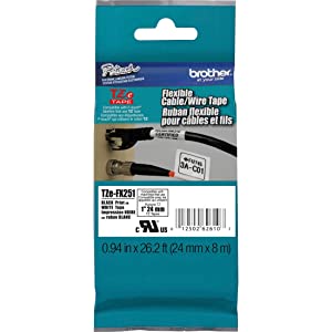 Brother Genuine P-touch TZE-FX251 Tape, 1" (0.94") Wide Flexible-ID Laminated Tape, Black on White, Best Suited for Wire Wrapping and Flagging, Water-Resistant, 0.94" x 26.2' (24mm x 8M), TZEFX251 Black on White 1 Inch