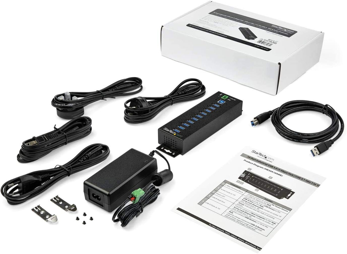 StarTech.com 10-Port USB 3.0 Hub with Power Adapter - Metal Industrial USB-A Hub with ESD & 350W Surge Protection - Din/Wall/Desk Mountable - High Speed USB 3.1 Gen 1 5Gbps Hub (HB30A10AME) 10 port power adapter included Hub