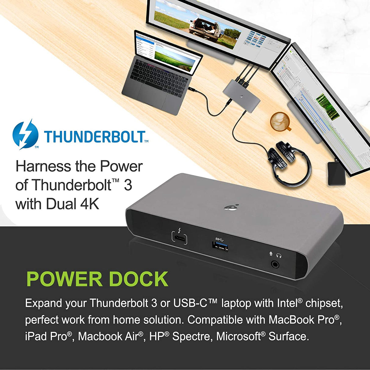 IOGEAR 9 Port Thunderbolt 3 Hub - 4K Dual Display 60Hz - 2 Displayport 1.2 - 60W Charging for Laptop - 40Gbps Speeds - Integrated Ethernet - 3.5mm Audio - GTD737 Quantum Dual Mode