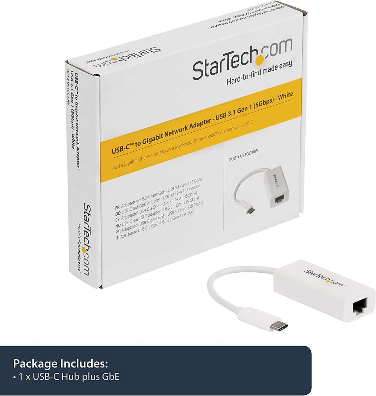 StarTech.com USB C to Gigabit Ethernet Adapter - White - USB 3.1 to RJ45 LAN Network Adapter - USB Type C to Ethernet (US1GC30W) White Standard (White) Adapter