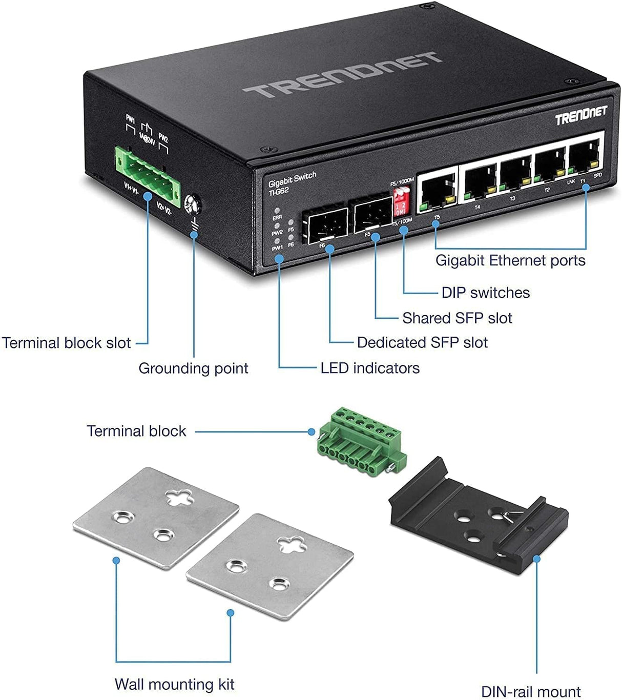 TRENDnet 6-Port Hardened Industrial Gigabit DIN-Rail Switch, 12 Gbps Switching Capacity, IP30 Rated Metal Housing (-40 to 167 ºF),DIN-Rail & Wall Mounts Included,Lifetime Protection,Black,TI-G62