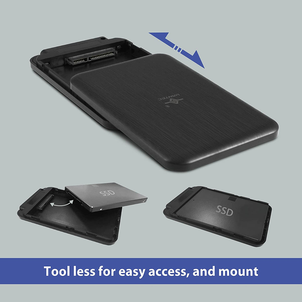 Vantec NexStar JX Series, USB 3.2 Gen2x1 (10Gbps), USB C, 2.5" SATA Drive Enclosure for 9.5mm & 7mm SSD/HDD (NST-258S3-BK)