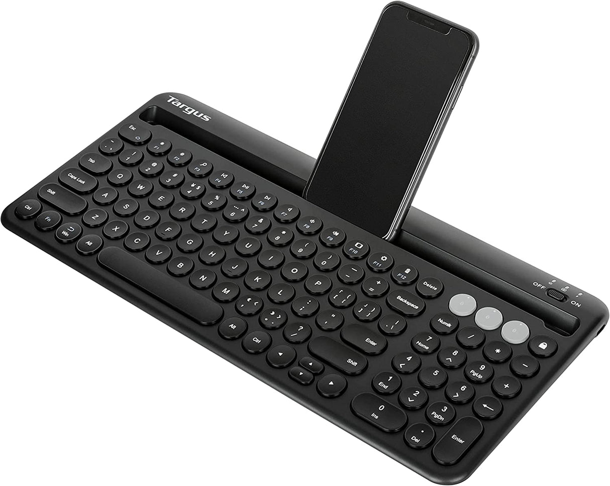 Targus Multi-Device Bluetooth Antimicrobial Keyboard with Tablet/Phone Cradle - Wireless Connectivity - Bluetooth - English (US) - MAC, Tablet, Smartphone - PC, Windows - AAA Battery Size Supported