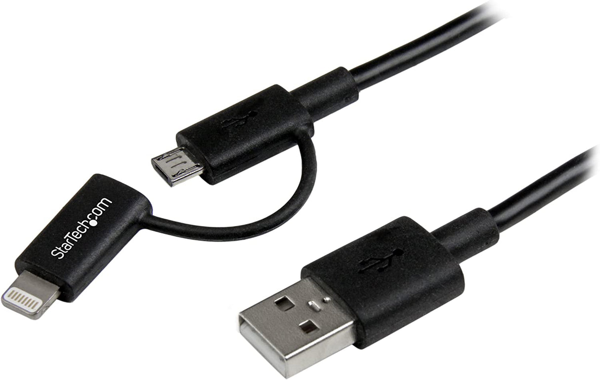StarTech.com 1m (3 ft) Black Apple 8-pin Lightning Connector or Micro USB to USB Combo Cable for iPhone iPod iPad - Charge and Sync Cable (LTUB1MBK)