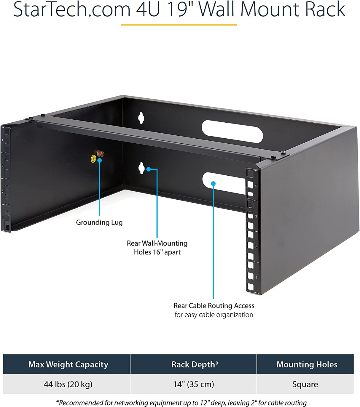 StarTech.com 4U Wall Mount Network Rack - 14 Inch Deep (Low Profile) - 19" Patch Panel Bracket for Shallow Server and IT Equipment, Network Switches - 44lbs/20kg Weight Capacity, Black (WALLMOUNT4) 4U Panel Bracket