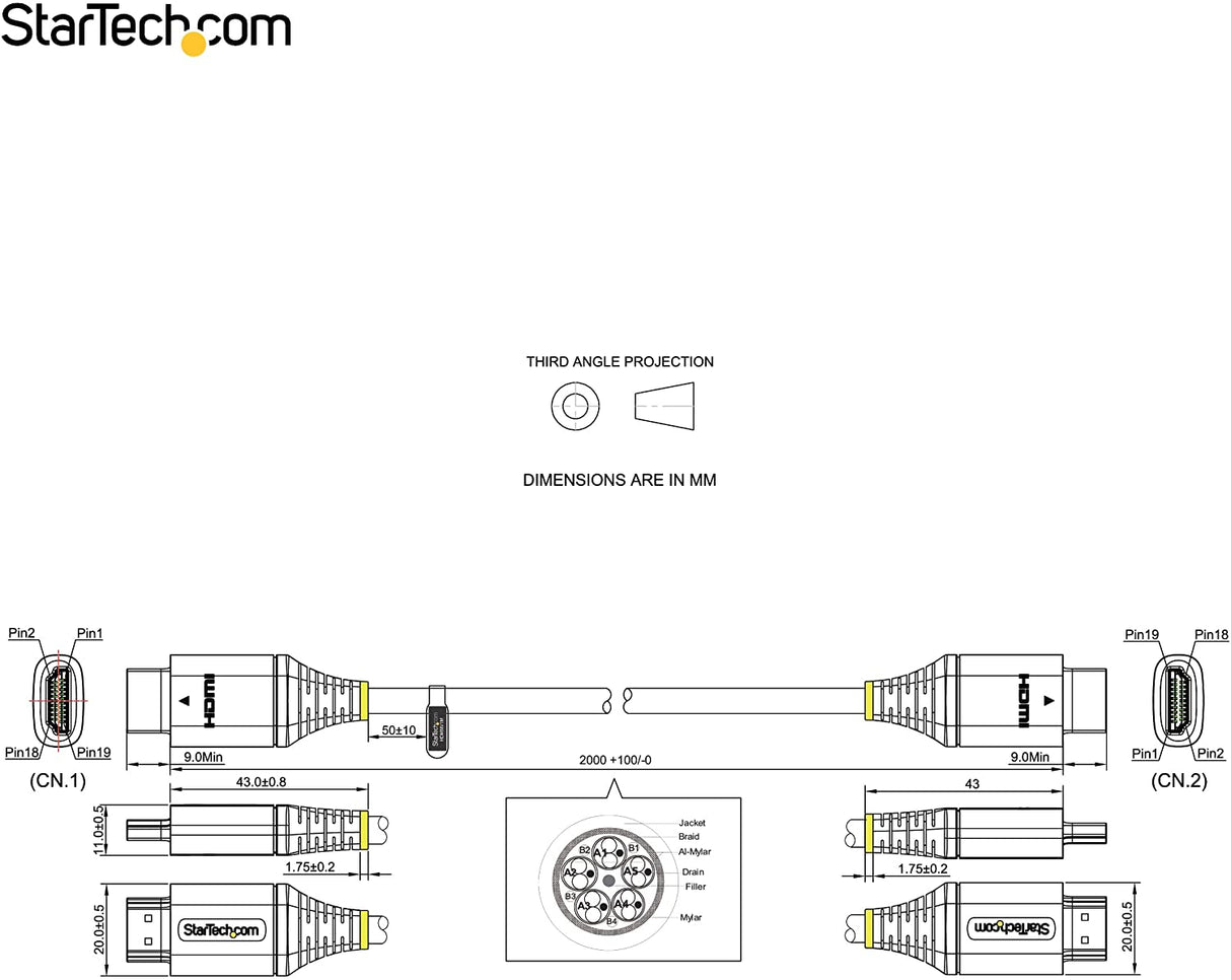 StarTech.com 6ft (2m) Premium Certified HDMI 2.0 Cable - High Speed Ultra HD 4K 60Hz HDMI Cable with Ethernet - HDR10, ARC - UHD HDMI Video Cord - for UHD Monitors, TVs, Displays - M/M (HDMMV2M) 6.6 ft / 2 m