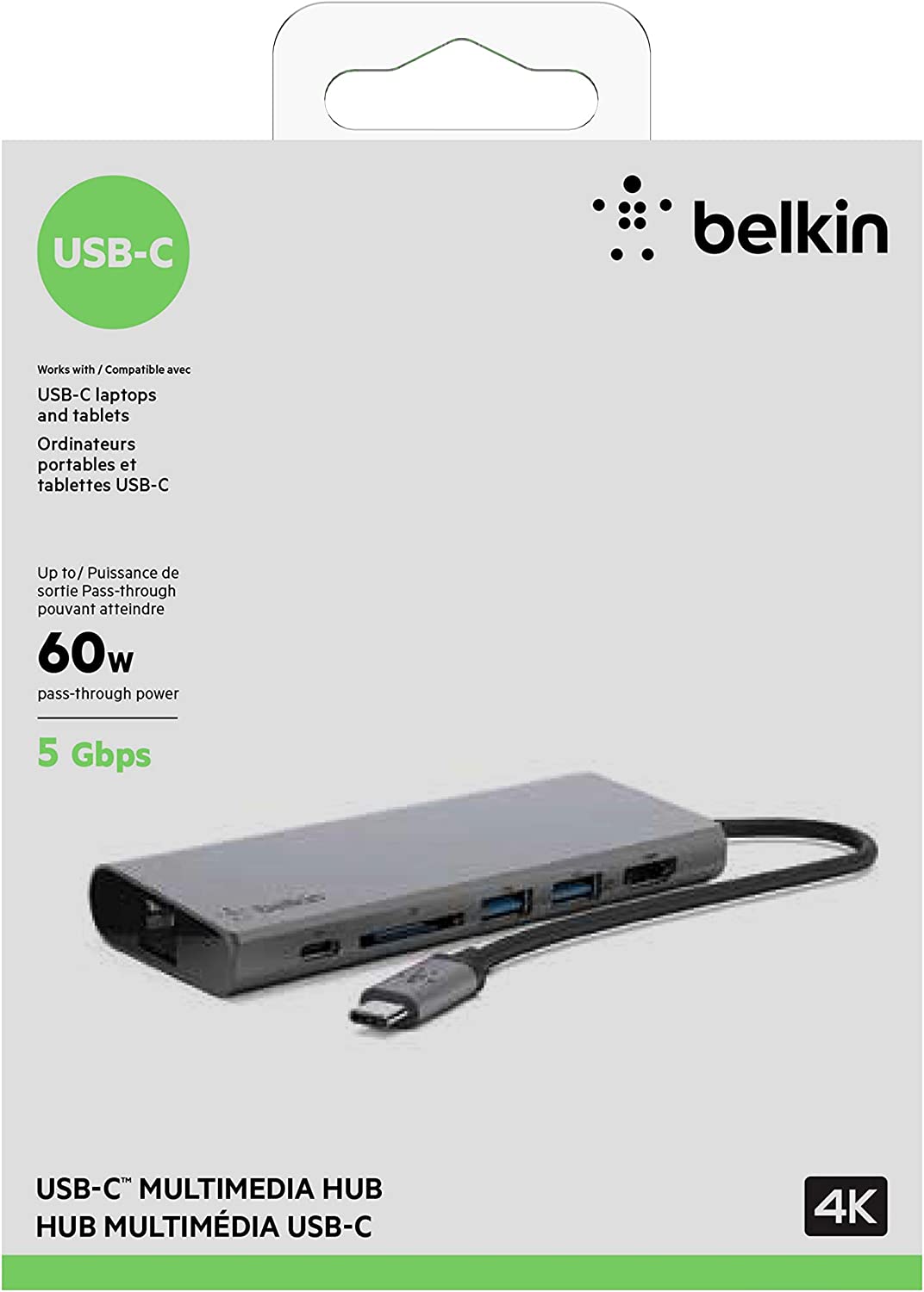 Belkin USB C Hub Multiport Adapter, USB C, 2 USB A, 4K HDMI, 1 Gigabite Ethernet, 1 SD Card, Pass through charging up to 60W with Tethered USB-C Cable, Dock for MacBook Pro, Macbook Air, PC, Windows USB-C Hub Adapter