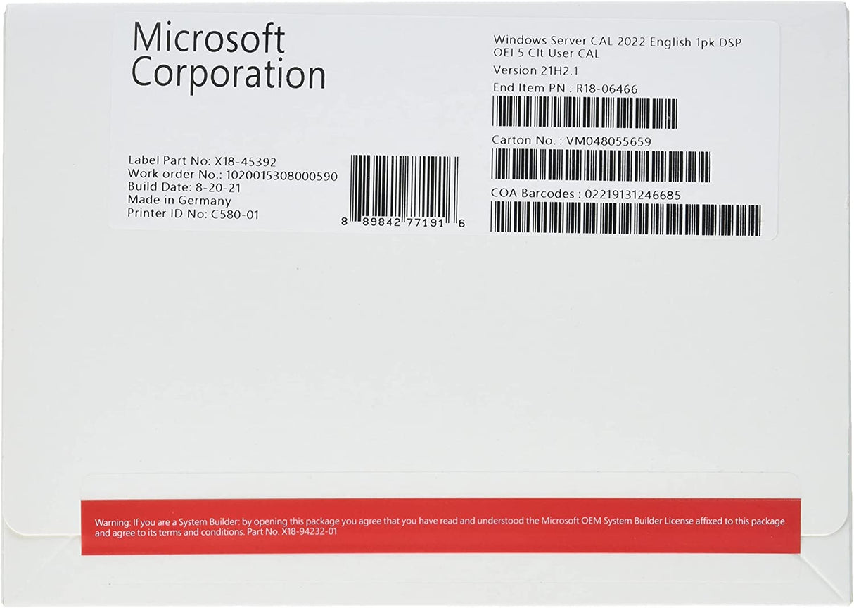 Microsoft Windows Server 2022 User CAL | Client Access Licenses | OEM