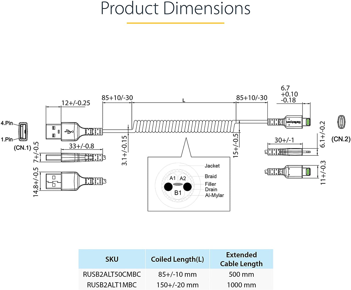 StarTech.com 1m (3ft) USB to Lightning Cable, MFi Certified, Coiled iPhone Charger Cable, Black, Durable TPE Jacket Aramid Fiber, Heavy Duty Coil Lightning Cable (RUSB2ALT1MBC) 1m / 3ft USB-A