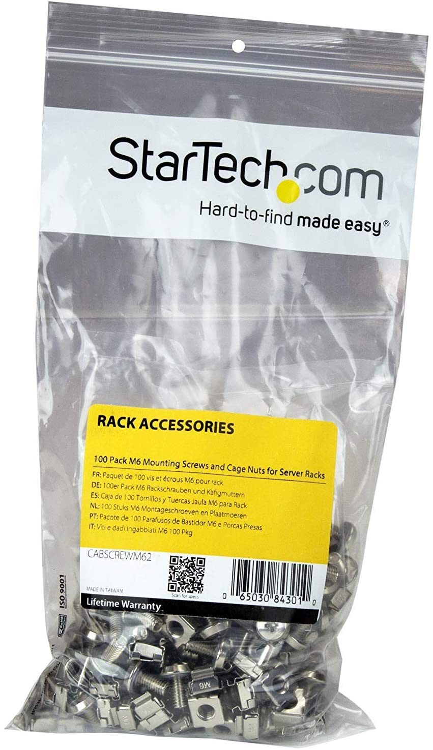 StarTech.com M6 Screws and Cage Nuts - 100 Pack - M6 Mounting Screws and Cage Nuts for Server Rack and Cabinet - Silver (CABSCREWM62) 100x M6 Silver Cage Nuts and Mounting Screws
