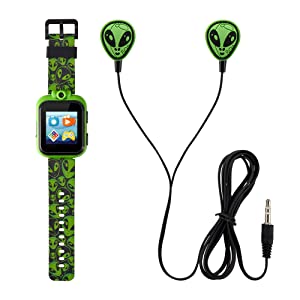 Playzoom Kids Smartwatch & Earbuds Set - Video Camera Selfies STEM Learning Educational Fun Games, MP3 Music Player Audio Books Touch Screen Sports Digital Watch Fun Gift for Kids Toddlers Boys Girls PlayZoom 2 W/Earbuds Black/Green Alien