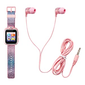 Playzoom Kids Smartwatch & Earbuds Set - Video Camera Selfies STEM Learning Educational Fun Games, MP3 Music Player Audio Books Touch Screen Sports Digital Watch Fun Gift for Kids Toddlers Boys Girls PlayZoom 2 W/Earbuds Pink/Blue Gradient Glitter