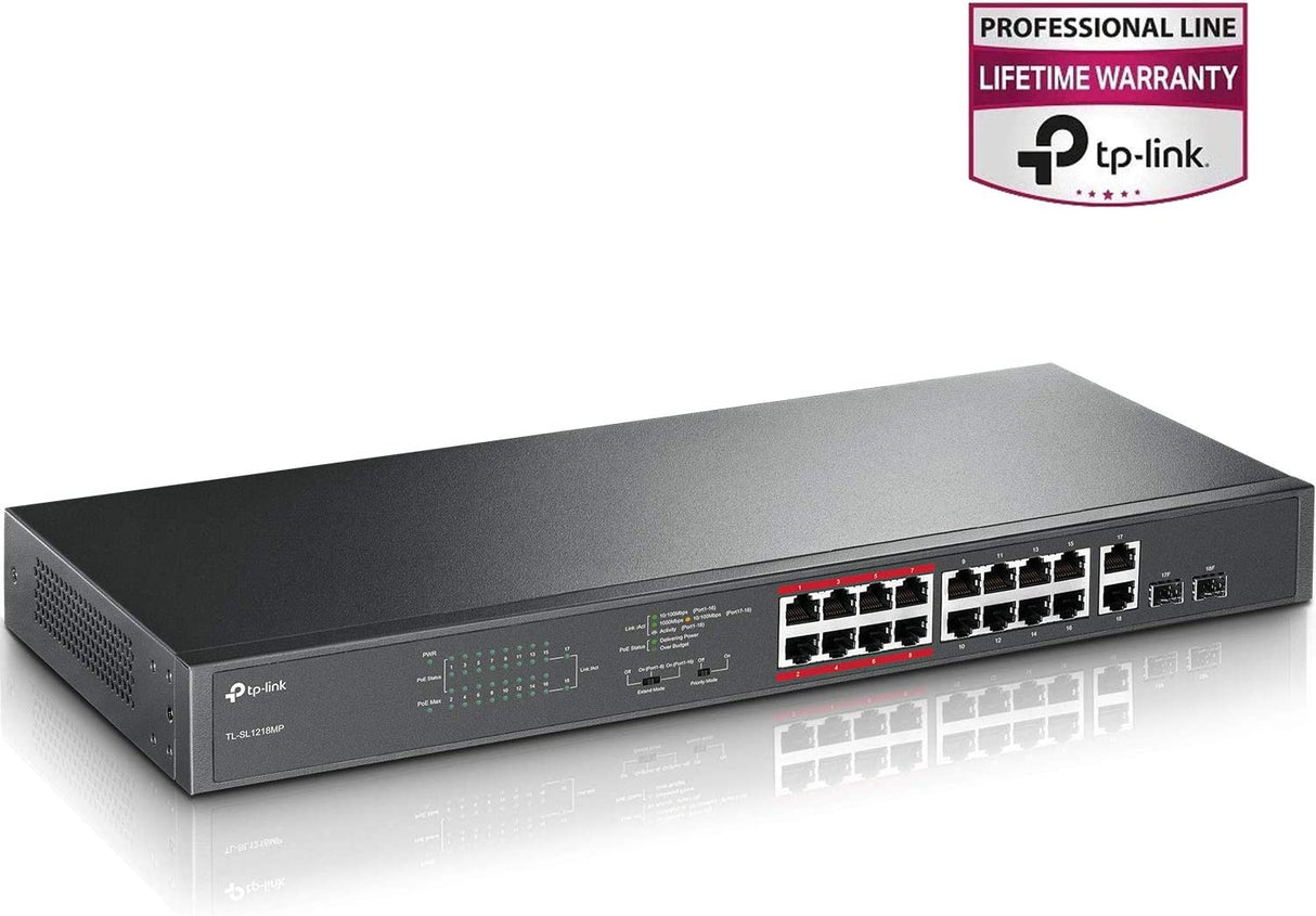 TP-Link 16 Port 10/100Mbps Fast Ethernet PoE Switch | 16 PoE+ Ports @194W, w/ 2 Uplink Gigabit Ports + 2 Combo SFP Slots | Limited Lifetime Protection | Extend Mode | Priority Mode (TL-SL1218MP) 18 Port w/ 16-Port PoE+