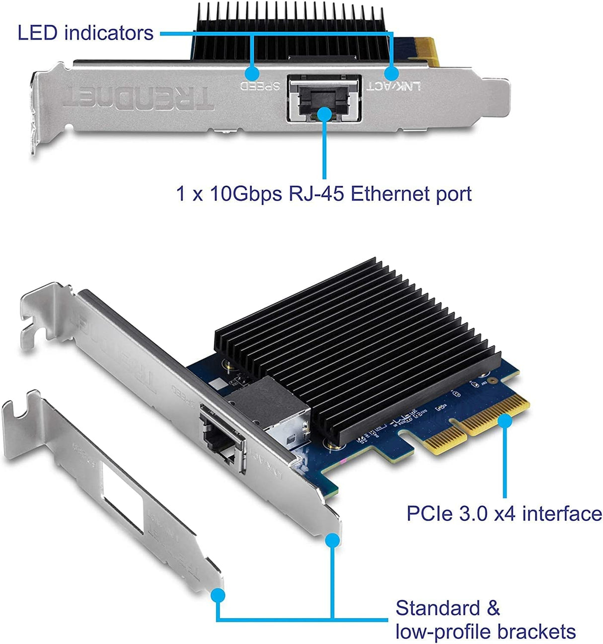 TRENDnet 10 Gigabit PCIe Network Adapter, Converts A PCIe Slot Into A 10G Ethernet Port, Supports 802.1Q Vlan, Includes Standard & Low-Profile Brackets, PCIe 2.0, PCIe 3.0, Silver, TEG-10GECTX PCI Express 10G RJ-45