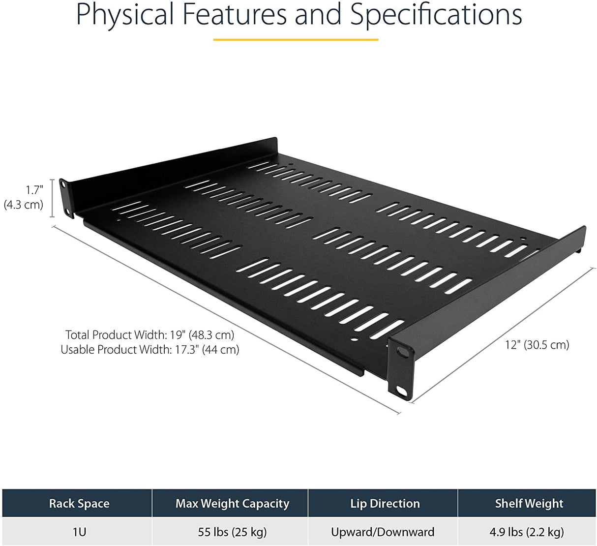 Middle atlantic 1U Server Rack Shelf - Universal Vented Rack Mount Cantilever Tray for 19" Network Equipment Rack & Cabinet - Heavy Duty Steel – Weight Capacity 44lb/20kg - 12" Deep Shelf, Black (SHELF-1U-12-FIXED-V) 1U 12" Depth