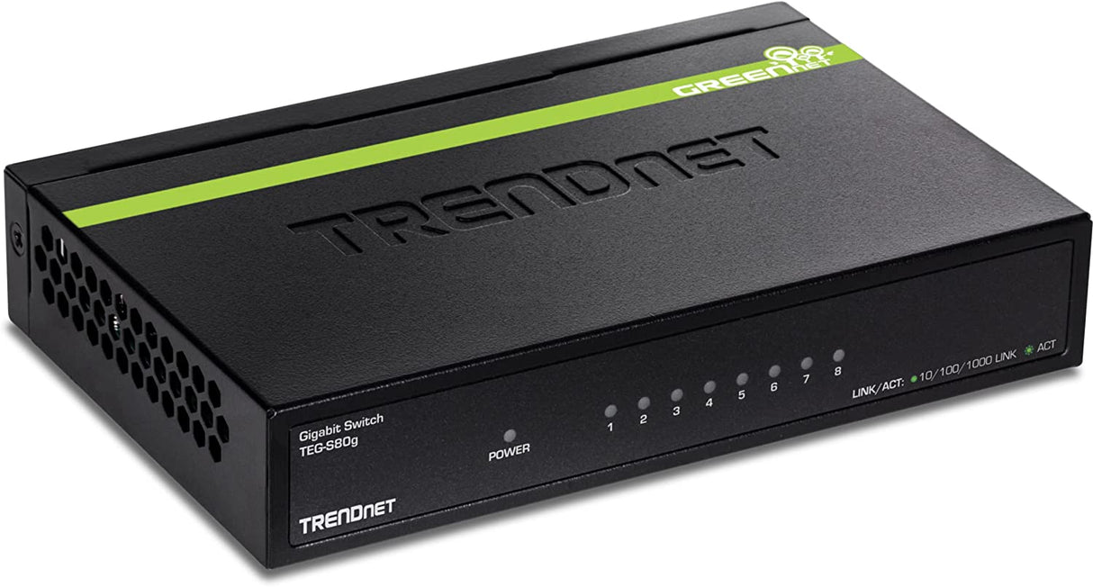 TRENDnet 8-Port Unmanaged Gigabit GREENnet Desktop Metal Switch, Ethernet Splitter, Fanless,16Gbps Switching Capacity, Plug & Play, Lifetime Protection, TEG-S80G,Black 8-Port Gigabit