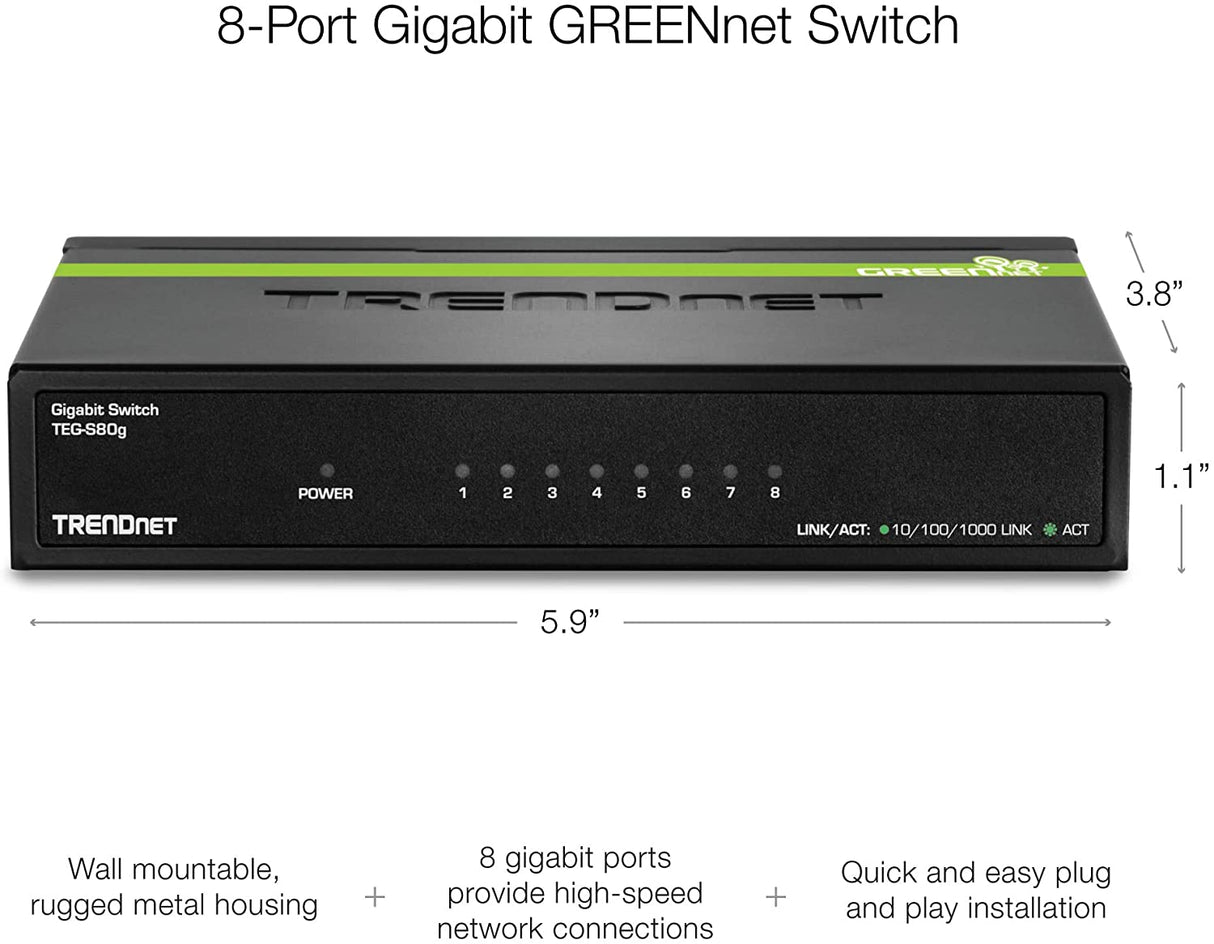TRENDnet 8-Port Unmanaged Gigabit GREENnet Desktop Metal Switch, Ethernet Splitter, Fanless,16Gbps Switching Capacity, Plug & Play, Lifetime Protection, TEG-S80G,Black 8-Port Gigabit