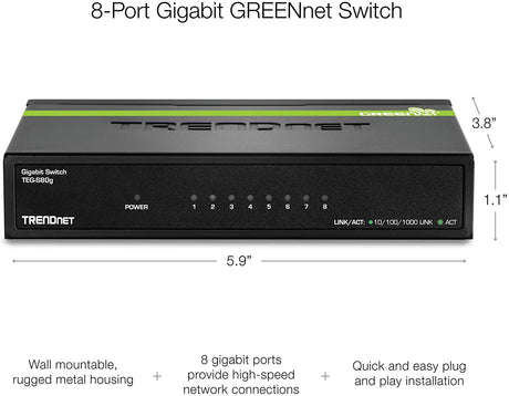 TRENDnet 8-Port Unmanaged Gigabit GREENnet Desktop Metal Switch, Ethernet Splitter, Fanless,16Gbps Switching Capacity, Plug & Play, Lifetime Protection, TEG-S80G,Black 8-Port Gigabit