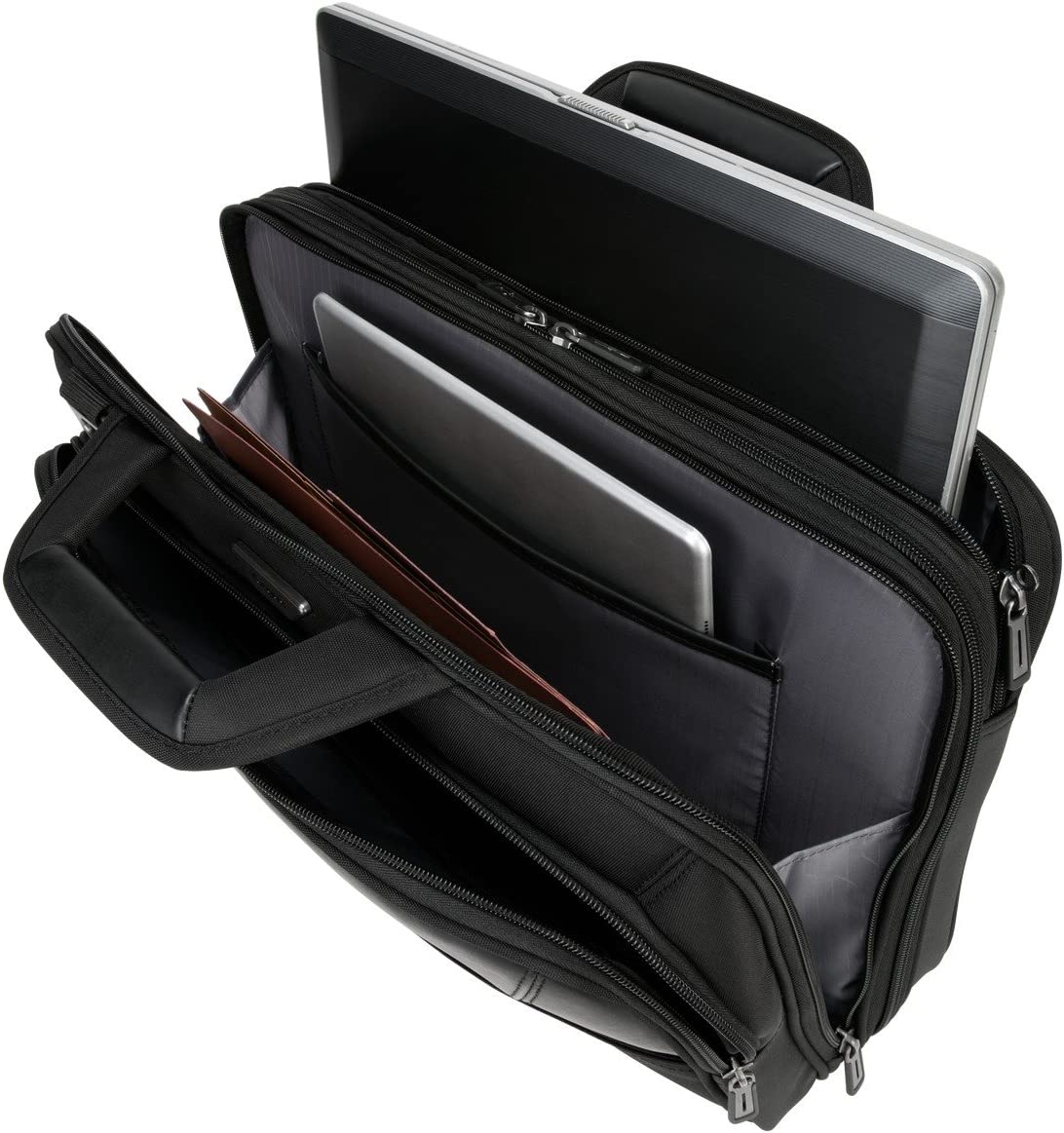 Targus Mobile-VIP Topload Shoulder Bag with Checkpoint-Friendly TSA Screening, Weather Resistant, Dual Main Compartments, Trolley Strap, SafePort Drop Protection for 15.6-Inch Laptop, Black (TBT264)