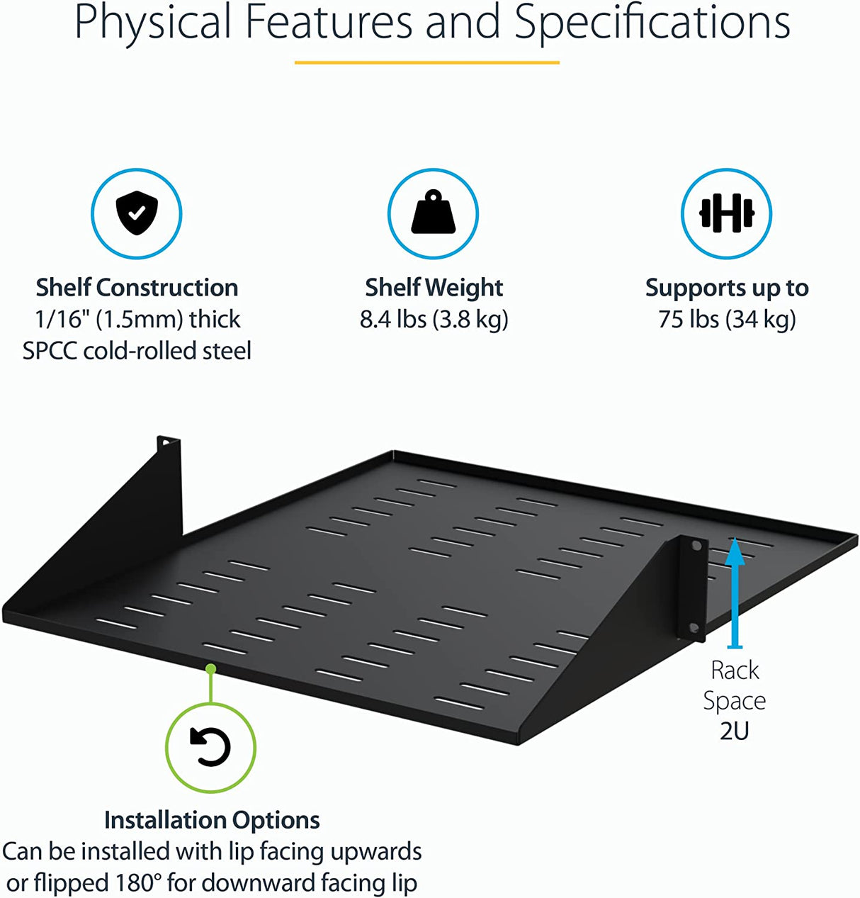 StarTech.com 2-Post Server Rack Shelf - Center Mount - 19 Inch -2U - Black - Supports up to 75 lb. (34 kg) - Vented (CABSHF2POSTV2)