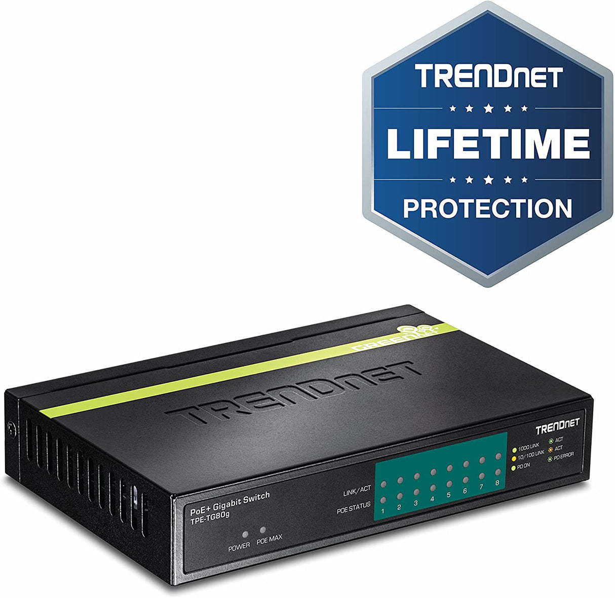 TRENDnet 8-Port Gigabit PoE+ Switch, 8 x Gigabit PoE+ Ports, 123W PoE Power Budget, 16 Gbps Switching Capacity, Desktop Switch, Ethernet Network Switch, Metal, Lifetime Protection, Black, TPE-TG80G Gigabit PoE 8-Port|123W