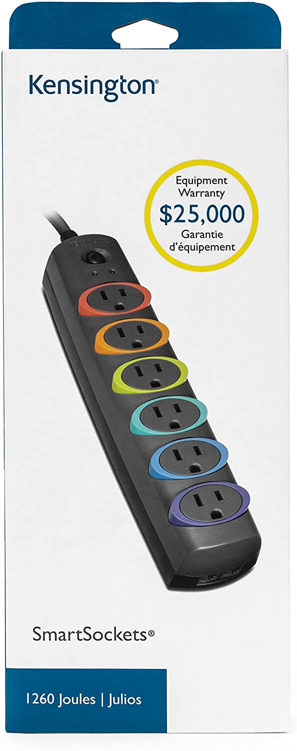 Kensington SmartSockets 6-Outlet, 8-Foot Cord, & 1260 Joules Premium Surge Protector (K62144NA) Rainbow Premium (1260 Joules, 8' Cord)