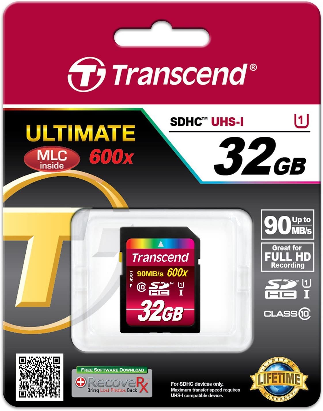 Transcend 32GB SDHC Class 10 UHS-1 Flash Memory Card Up to 90MB/s (TS32GSDHC10U1) 32 GB Standard Packaging
